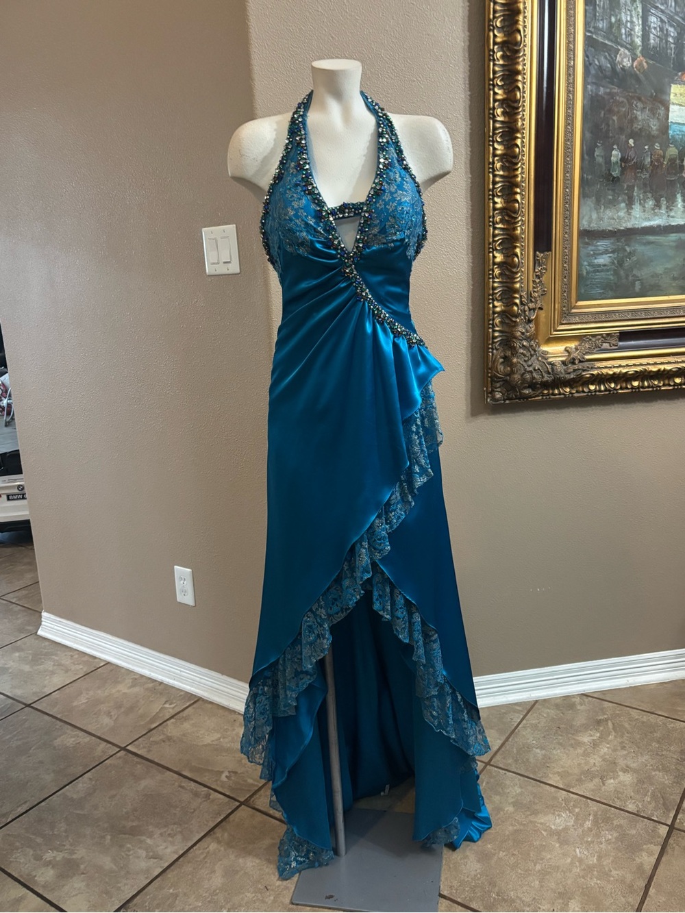 Riva Designs Blue Beaded Lace Sequin Halter Long Gown Open Back Zip Size 4 Y2K
